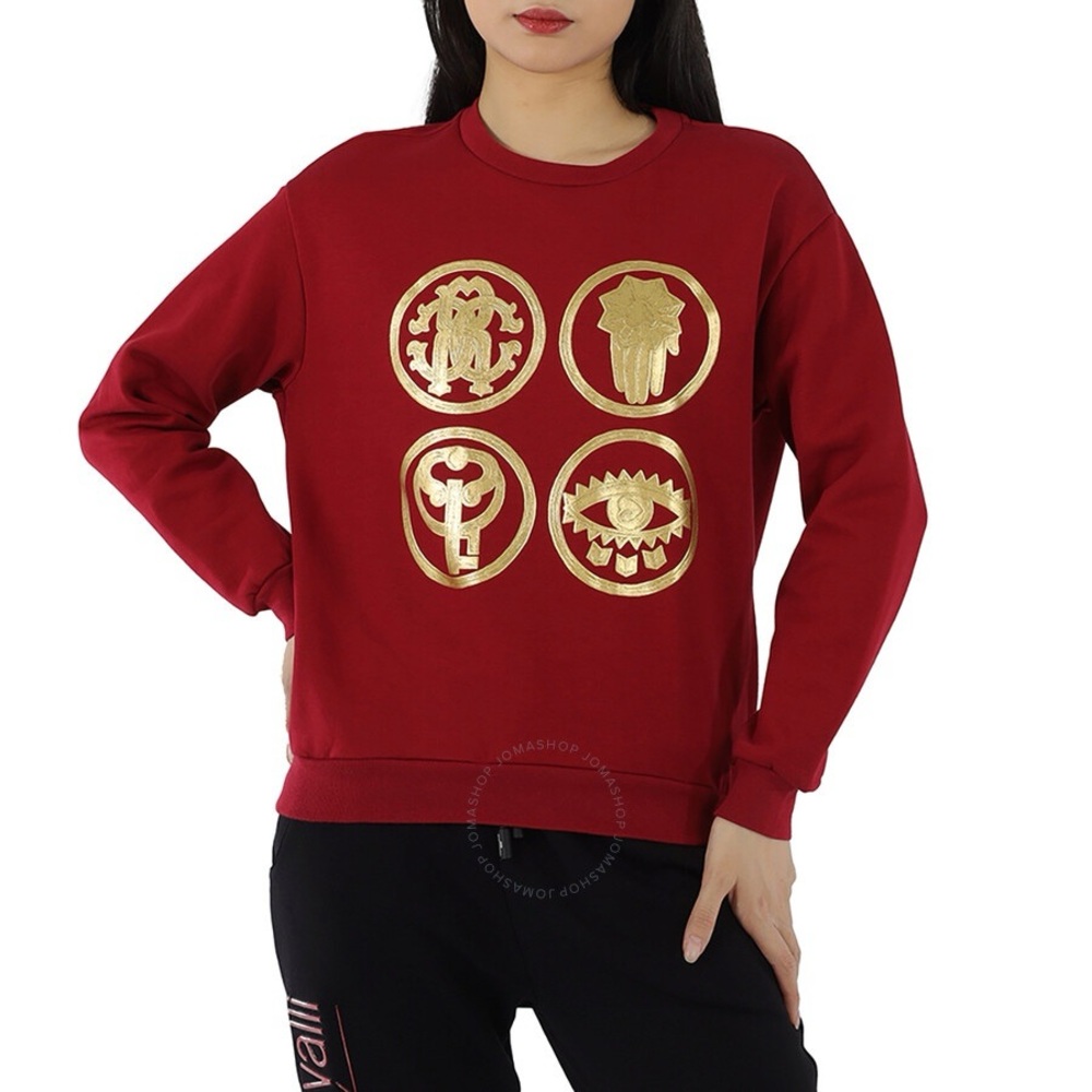 Authentic Roberto Cavalli Red Crewneck Sweater with Gold Symbols